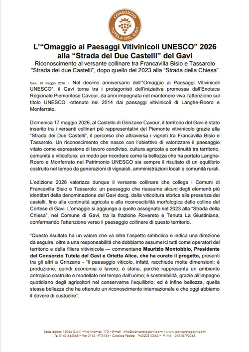 L' "Omaggio ai Paesaggi Vitivinicoli UNESCO" 2026
alla "Strada dei Due Castelli" del Gavi.
Riconoscimento al versante collinare tra Francavilla Bisio e Tassarolo
"Strada dei due Castelli", dopo quello del 2023 alla "Strada della Chiesa".